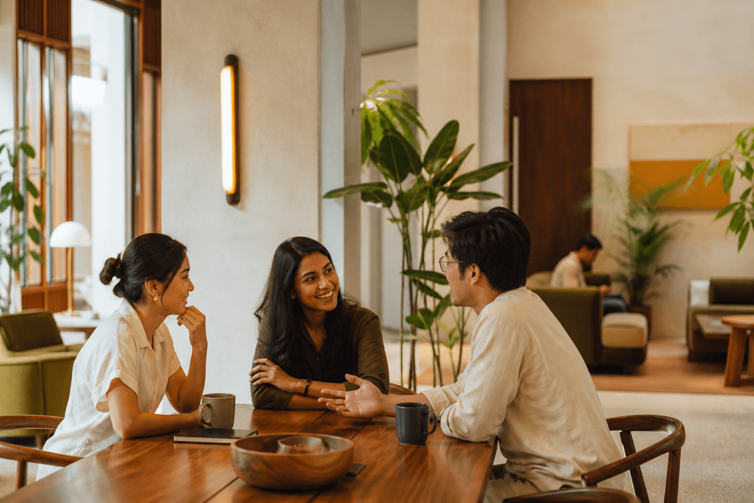 Three professionals sharing ideas around a table in the Gather Ground lounge