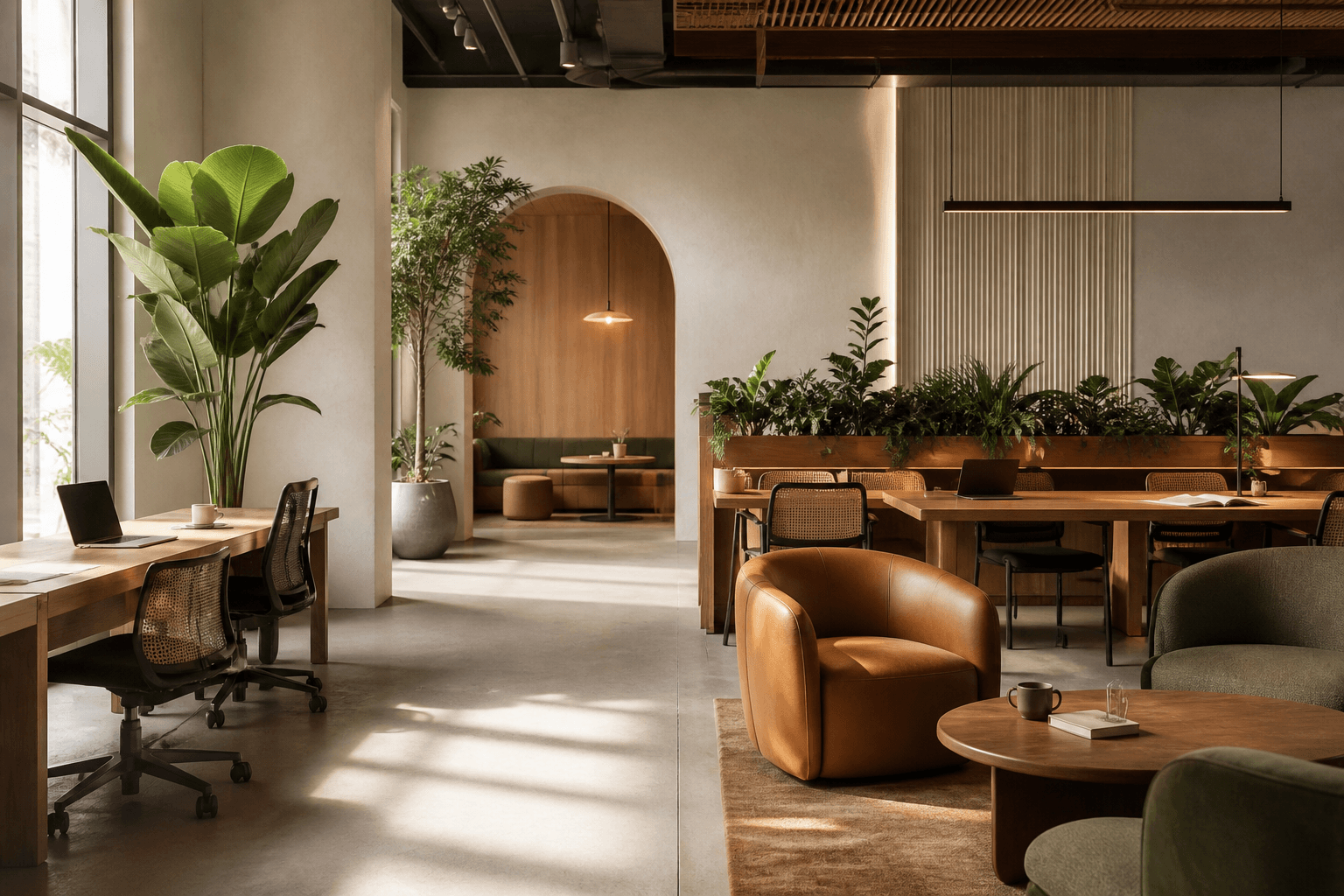 Warm, light-filled Gather Ground shared workspace with desks, lounge seating and greenery