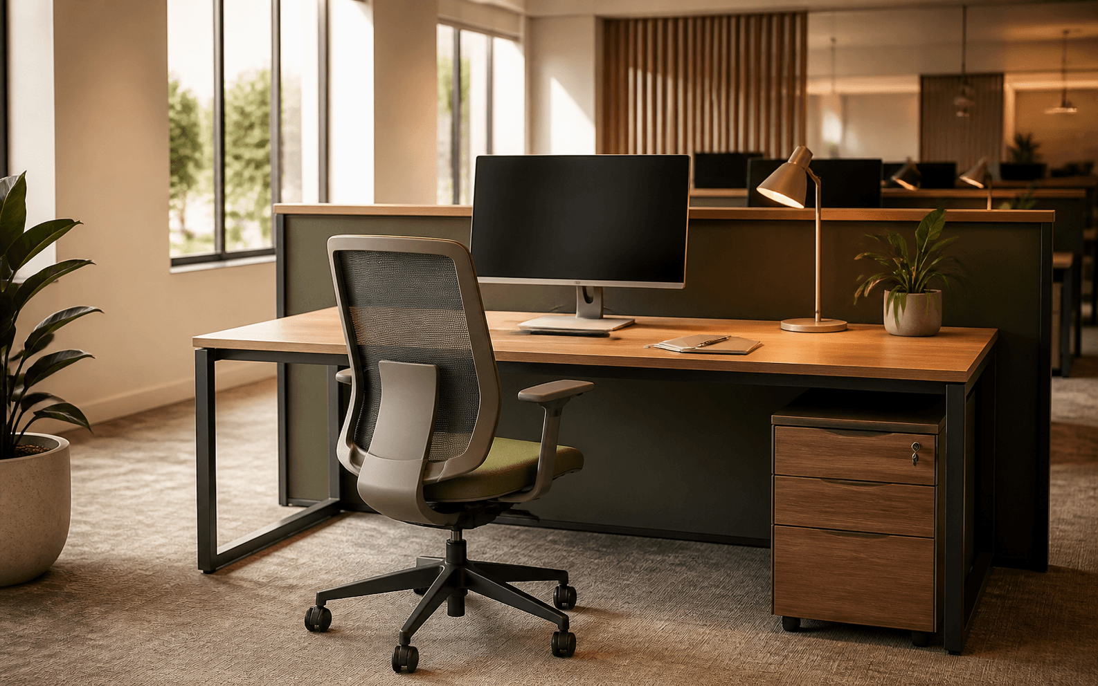 Dedicated personal workstation with monitor, task light and storage