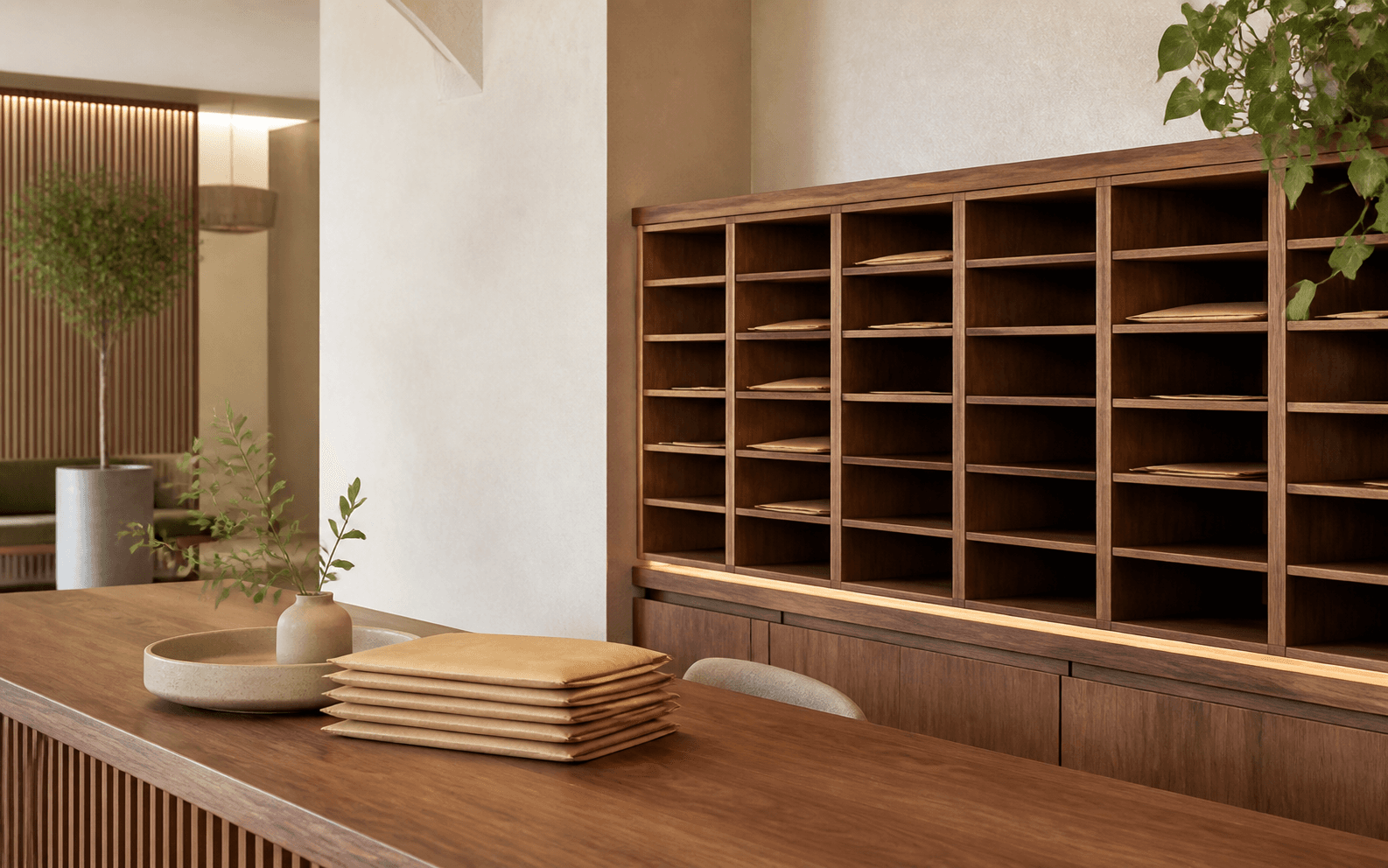Organised business mail service with timber mail cubbies and reception counter